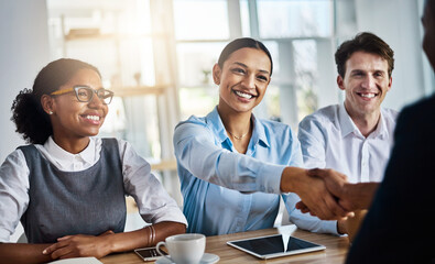 Aufkleber - Happy people, handshake or boardroom for startup approval, partnership agreement or small business funding. Shaking hands, employees and colleagues in meeting for team feedback, promotion and support