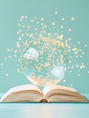 Fototapete - Ethereal Digital Learning Luminous Global Knowledge Sphere Emerging from Vintage Book - Innovative EdTech Visualization for Immersive Educational Transformation