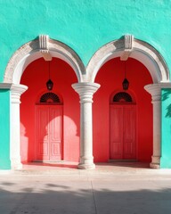 Aufkleber - Vibrant Architectural Symmetry Tropical Color Block Design - Bold Red Doors Against Teal Wall, Minimalist Urban Aesthetic for Global Design Inspiration