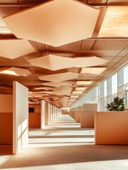 Poster - Geometric Harmony Innovative Workspace Design with Sculptural Ceiling, Minimalist Architectural Lighting, and Biophilic Elements Transforming Modern Corporate Interiors