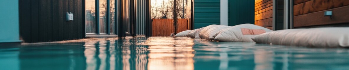 Poster - Climate Resilience Visualization Flood Mitigation Sandbags Protecting Residential Architecture with Strategic Water Defense Strategies for Urban Adaptation