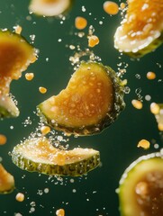 Aufkleber - Culinary Fusion Artistry Vibrant Pickled Cucumber Slices in Dynamic Liquid Splash - Gourmet Food for Innovative Gastronomy Trends