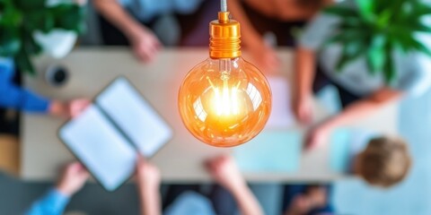 Aufkleber - Illuminating Entrepreneurial Vision Vintage Amber Bulb Highlighting Collaborative Innovation in Modern Workspace Design for Adaptive Business Strategies