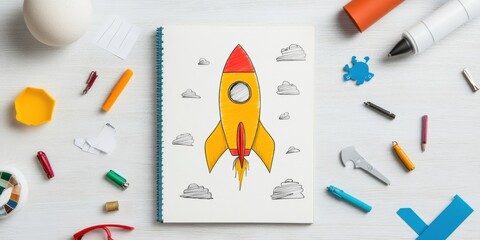Aufkleber - Startup Ideation and Launch Visualization Minimalist Entrepreneurial Workspace with Rocket Sketch - Innovative Concept Development for Digital Age Creators
