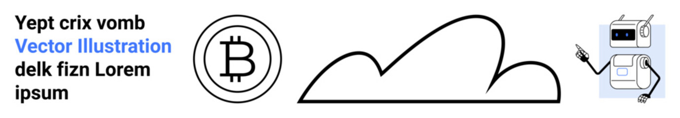Bitcoin icon, abstract cloud design, robot interacting with text. Ideal for blockchain, cloud computing, fintech, cryptocurrency, AI, automation technology simple landing page