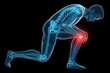© Samoresh - A 3D medical illustration of a male figure in a dynamic pose, bending forward and holding their knee, illustrating knee pain
