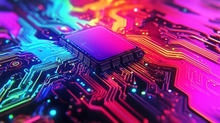 Wall Mural - Neon Rainbow CPU Digital Circuit Board Glow.