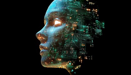 Poster - 3D brain and face profile made of glowing electronic circuits and chips, illustrating neuromorphic engineering and the simulation of neural pathways and cognitive functions