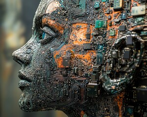 Leinwandbilder - Closeup of brain and face profile created from intricate electronic chip circuits, simulating neuromorphic engineering and neuronlike behavior in AI systems