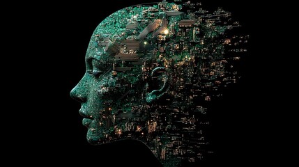 Leinwandbilder - Futuristic brain and face profile made of electronic chip circuits, representing neuromorphic engineering, simulating neuronal activity and cognitive functions
