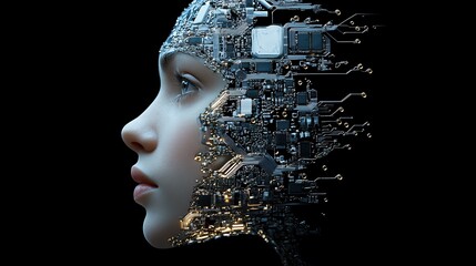 Leinwandbilder - Futuristic brain and face profile made of electronic chip circuits, representing neuromorphic engineering, simulating neuronal activity and cognitive functions