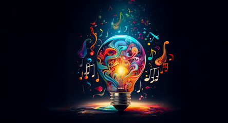 Wall Mural - a glowing light bulb radiates colorful musical notes and swirls of light against a dark backdrop. th