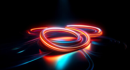 Wall Mural - abstract glowing rings of red and blue light swirl and curve on a dark reflective plane, creating a 