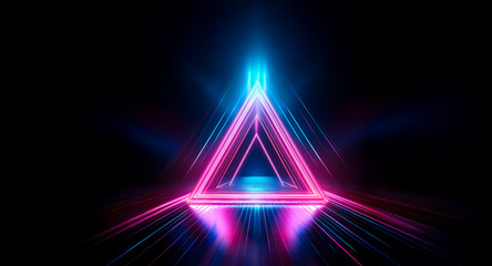 Wall Mural - abstract neon triangle with pink and blue glowing lights on a dark background. light rays emanate fr