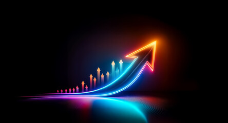 Wall Mural - neon arrow soaring upwards with vibrant colors against a dark backdrop, symbolizing progress and gro