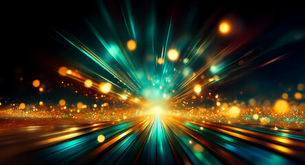Wall Mural - abstract image features vibrant streaks of teal, gold, and black. light trails radiate from a centra
