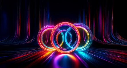 Wall Mural - vibrant glowing circles intertwine, emitting radiant light trails in a dark space. colorful streaks 