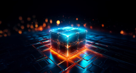 Wall Mural - glowing cube with blue and orange light rests on a dark, tech-patterned surface. bokeh lights float 