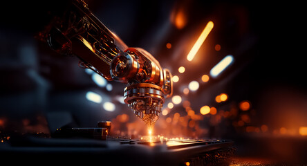 Poster - A metallic arm with a glowing tip is positioned above a surface, emitting sparks in a dark, blurred environment illuminated by warm, golden light effects.