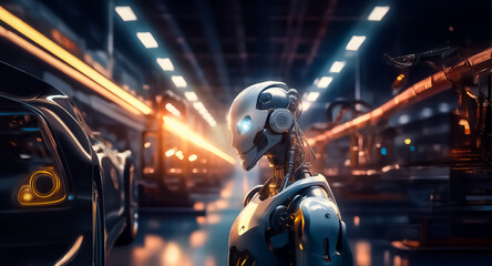 Poster - A humanoid robot stands in a futuristic factory, possibly for car manufacturing. Bright lights illuminate the scene conveying automation and advanced technology.