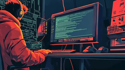 A programmer in a hoodie works intently at a glowing computer screen in a dark room