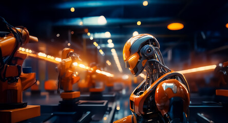 Poster - Orange robot in a futuristic factory setting. Robotic arms and bright lights highlight automation and advanced technology in a dark industrial environment.