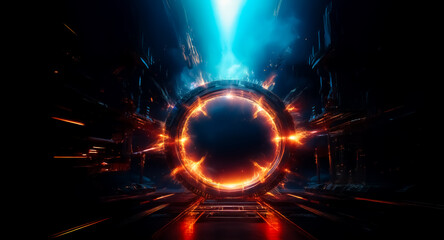 Poster - A glowing portal of orange and blue energy illuminates a dark, tunnel-like structure. Light streaks enhance the futuristic and dynamic feel of the scene.