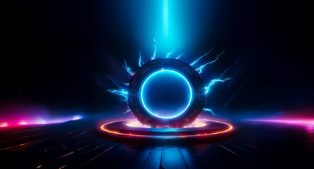Leinwandbilder - A luminous sphere with a central blue ring emits light and electric arcs, sitting on a platform with an orange ring. A blue beam shines from above in a dark, futuristic scene.