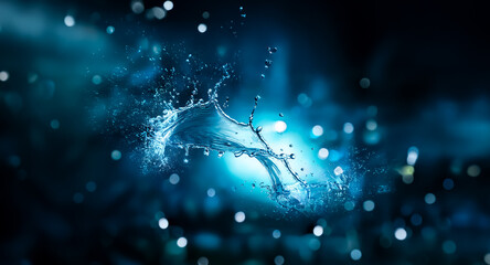 Poster - Vibrant water splash against a dark blue backdrop. Bokeh lights add a magical touch to the scene. The water is dynamic and energetic, creating a sense of movement.
