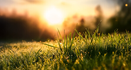 Leinwandbilder - Dewy grass glistens in the warm morning light of sunrise. A peaceful scene as the sun begins to rise over the field, illuminating the nature.