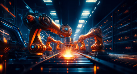 Poster - Automated robotic arms work diligently in a futuristic factory, assembling components with precision and efficiency in a high-tech industrial setting.