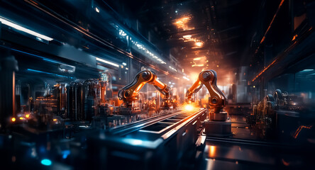 Poster - Night scene of a futuristic factory interior. Robotic arms and complex machinery operate with glowing orange and blue lights, creating a tech industrial atmosphere.