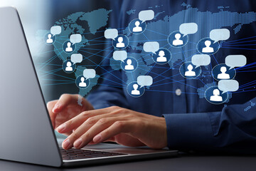 Leinwandbilder - Global remote collaboration and international teamwork. International collaboration network. Businessman using laptop computer to communicate with team.