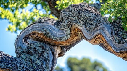 Twisted tree branch, gnarled bark, sunny forest, outdoor nature scene
