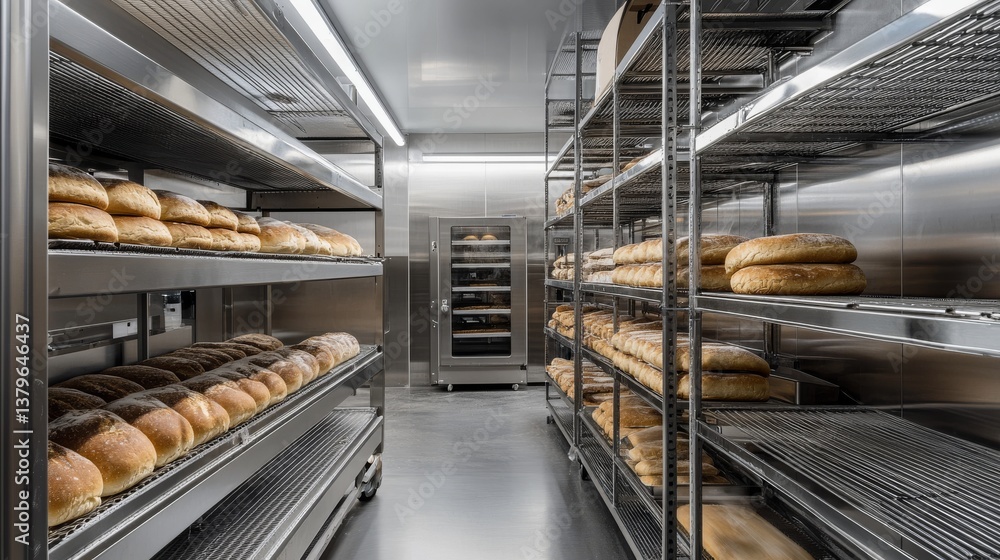 Flow Bread Rack large stainless steel bread rack filled with warm crusty loaves, bakery ...