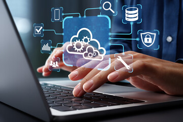 Wall Mural - cloud orchestration and interoperability. cloud automation management and integration. businessman u