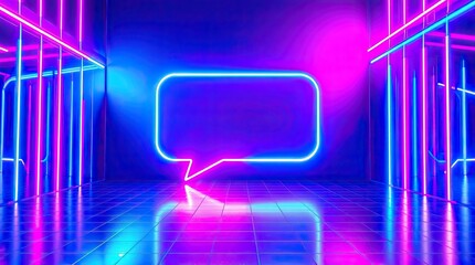 Wall Mural - A neon lit room features a glowing speech bubble shaped form