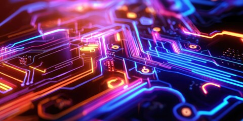 Poster - A vibrant, abstract futuristic electronic circuit background, pulsating with neon lights, showcasing intricate circuitry patterns and glowing components.