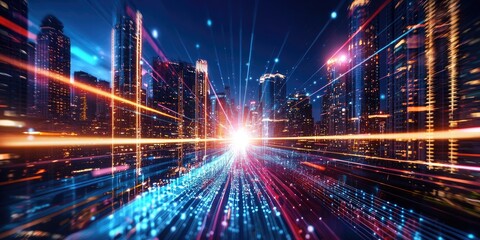Leinwandbilder - A digital hologram, pulsating with the energy of 5G networks, intertwined with the intricate web of the internet of things, illuminating a futuristic cityscape.