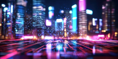 Leinwandbilder - A digital hologram, pulsating with the energy of 5G networks, intertwined with the intricate web of the internet of things, illuminating a futuristic cityscape.
