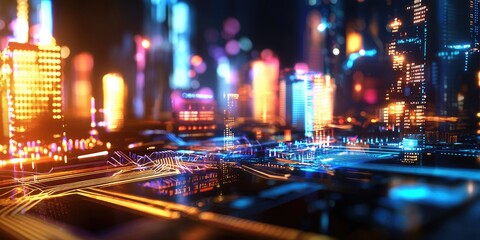 Leinwandbilder - A futuristic cityscape, where holographic elements shimmered, revealing abstract data charts and intricate communication networks, all projected onto a sleek, futuristic