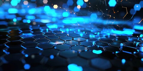 Fototapete - A futuristic cityscape unfolds, composed of interlocking hexagons, pulsating with an ethereal blue light. A vast digital canvas, perfect for your text, invites you to exp
