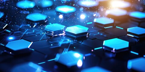 Fototapete - A futuristic cityscape unfolds, composed of interlocking hexagons, pulsating with an ethereal blue light. A vast digital canvas, perfect for your text, invites you to exp