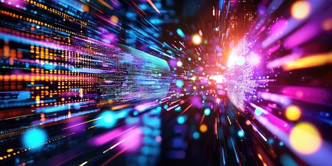 Poster - A vibrant, futuristic cityscape, where towering neural networks hum with data, forming a vast, shimmering global database. A data stream flows through the city, connectin