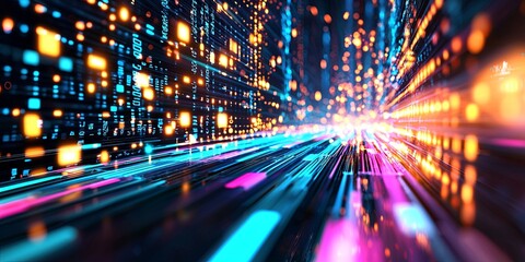 Leinwandbilder - In the ethereal realm of cyberspace, a vibrant data stream flows, connecting global databases and AI, as a neural network 3D illustration unfolds, visualizing the intrica