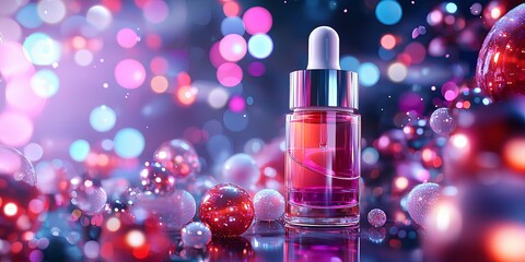 Aufkleber - A vibrant 3D cosmetic ad showcasing a science-driven skincare routine, featuring a collagen serum and hyaluronic acid, set against a backdrop of futuristic technology and