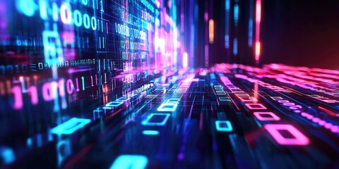 Leinwandbilder - A 3D rendering of a digital binary code matrix, a network of interconnected nodes glowing in vibrant shades of blue and purple, representing the complexity and data flood