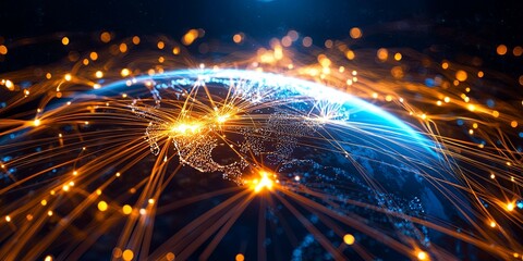Leinwandbilder - A luminous tapestry of interconnected lines, weaving across continents and oceans, representing the intricate web of communication and global connection that binds our wo
