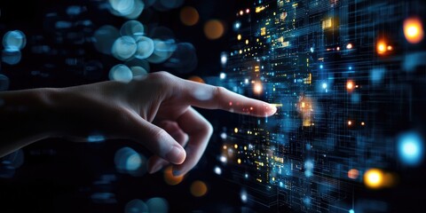 Leinwandbilder - A hand reaches out to touch the sleek, transparent screen of a modern digital interface, a gateway to the metaverse  a futuristic realm where the physical and virtual wor