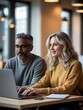 © Prime path 515 - Professional business team collaborating in a modern office environment, working on a laptop with a focus on teamwork, productivity, and corporate success in a stylish workspace.